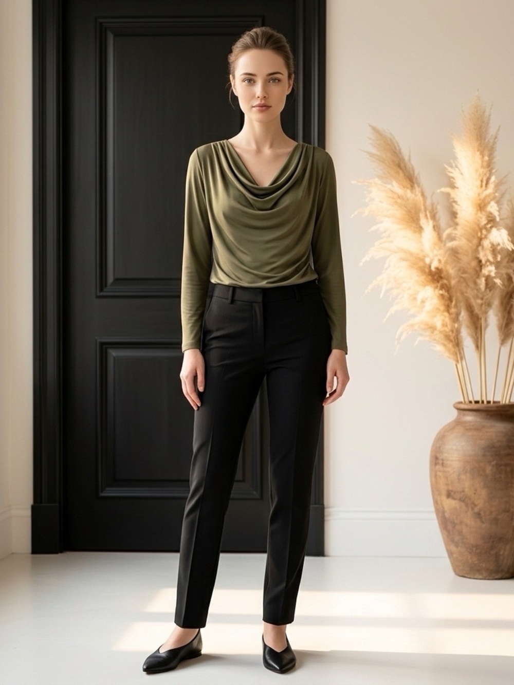 Jones New York Olive Green Top with Draped Neck - Picture 3 of 14